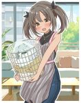 1girl absurdres apron basket black_bow black_shirt blue_pants blush border bow commentary_request cowboy_shot denim gold_necklace grey_apron grey_hair hair_between_eyes hair_bow highres holding holding_basket idolmaster idolmaster_cinderella_girls imai_kana indoors jeans jewelry laundry_basket looking_at_viewer medium_hair necklace ohana._(user_jhpk8322) open_mouth outline outside_border pants shirt short_twintails sidelocks sleeveless sleeveless_shirt solo standing teeth turtleneck turtleneck_shirt twintails upper_teeth_only white_border white_outline window yellow_eyes 
