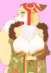  anthro asian_clothing big_breasts blush breasts canid canine cleavage clothed clothing east_asian_clothing female fluffy fluffy_tail fox green_eyes japanese_clothing kemono kimono looking_at_viewer mammal muramasa:_princess_commander okabe_masatsuna pink_background silicon_studio silinder simple_background smile solo 