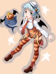  1girl alternate_costume anchor_print animal_print bat_print black_ribbon blue_hair breasts demon_wings dixie_cup_hat double_bun fangs halloween halloween_costume hat hat_ribbon highres kantai_collection knck little_blue_whale_(kantai_collection) loafers long_sleeves military_hat neckerchief orange_legwear orange_neckwear orange_shorts orange_vest ribbon samuel_b._roberts_(kantai_collection) shirt shoes short_hair short_shorts shorts small_breasts striped striped_legwear thighhighs traditional_media watercolor_(medium) whale white_shirt wings yellow_eyes 