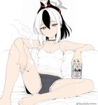  1girl alcohol alternate_costume artist_name asahi_breweries beer beer_can black_choker black_hair black_shorts blue_archive breasts bright_pupils can casual center-flap_bangs choker cigarette cleavage closed_mouth commentary covered_nipples demon_horns dot_mouth drink_can facing_viewer hair_between_eyes highres holding holding_can holding_cigarette horns kayoko_(blue_archive) legs_apart looking_at_viewer loungewear mattttoro mixed-language_commentary multicolored_hair red_eyes shirt shorts simple_background small_breasts smoke smoking solo tank_top two-tone_hair untranslatable_commentary white_background white_hair white_pupils white_shirt 