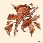  2026 alexpahomov branch brown_body brown_scales digital_media_(artwork) digital_painting_(artwork) feral flat-tailed_gecko gecko grey_spots hi_res leaf leaf-tailed_gecko leaf_tail lizard on_branch painting_(artwork) pupils red_eyes reptile satanic_leaf-tailed_gecko scales scalie slit_pupils solo spots tail tan_body tan_scales 
