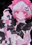  1girl black_background black_bow bow bow_flower dress flower frilled_dress frilled_dress_collar frilled_sleeves frills gradient_hair hair_ornament head_bow highres holding holding_microphone holding_microphone_stand ista_(hudou_yuk) karaoke_manekineko lolita_fashion looking_at_viewer mahou_shoujo_no_majo_saiban microphone microphone_stand multicolored_hair official_alternate_costume pink_bow pink_eyes pink_hair puffy_sleeves sakuraba_ema short_hair simple_background solo upper_body white_hair x_hair_ornament 