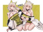  1girl abstract_background alternate_breast_size_(larger) animal_ears arknights bare_shoulders blush border breasts bright_pupils cat_ears cat_girl cleavage dress earclip english_text green_background green_dress green_eyes highres infection_monitor_(arknights) jacket kal'tsit_(arknights) large_breasts looking_at_viewer multiple_views nuggetkouhai off-shoulder_dress off-shoulder_jacket off_shoulder outside_border raised_inner_eyebrows seiza simple_background sitting steepled_fingers white_border white_jacket white_pupils 