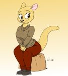  2017 anthro barbara_(joaoppereiraus) black_nose bottomwear breasts brown_nose cheek_tuft clothing eyebrows eyelashes face_tuft female footwear fur hi_res joaoppereiraus kangaroo macropod mammal marsupial pants shoes signature simple_background sitting smile solo sweater tan_body tan_fur topwear tuft 