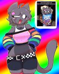 2026 anthro arm_tuft belt black_bottomwear black_clothing black_shorts bottomwear clothed clothed_female clothing crop_top cropped_sweater digital_drawing_(artwork) digital_media_(artwork) domestic_cat felid feline felis female food fur grey_body grey_fur grey_hair hair hands_on_hips hi_res looking_at_viewer mammal meme midriff multicolored_clothing multicolored_sweater multicolored_topwear no_pupils nyan_(pursuitcore) nyan_cat nyan_cat_(copyright) open_mouth open_smile pink_clothing pink_sweater pink_topwear pop-tarts pursuitcore rainbow rainbow_background rainbow_clothing rainbow_sweater rainbow_topwear rosedreams shirt shorts shoulder_tuft simple_background small_waist smile solo speech_bubble standing sweater tail tail_tuft tank_top text thigh_gap topwear tuft white_eyes wide_hips
