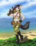  2018 ambient_bird ammunition anthro avian beach bird blue_eyes boots bottomwear breasts chikachi clothing cloud dannyckoo day detailed_background domestic_cat felid feline felis female footwear fur gloves grass grey_body grey_fur gun hand_on_hip handwear hi_res holding_object holding_weapon machine_gun mammal navel nipples outside pants ranged_weapon sand seaside smile solo standing tresertf water weapon 