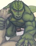  2017 anthro blush crocodile crocodilian crocodylid green_body hi_res human humanoid_hands ikaring looking_at_viewer male male/male mammal muscular penis reptile scalie simple_background 