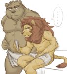  ... 2016 anthro duo felid humanoid_hands ikaring lion male mammal overweight overweight_male pantherine phone sitting towel ursid 