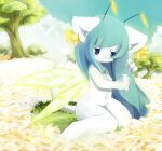 2008 antennae_(anatomy) anthro blue_eyes blue_hair breasts domestic_cat fairy felid feline felis female flower_field hair insect_wings kemono kishibe long_hair mammal solo wings