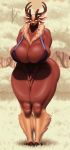  2019 absurd_res anthro antlers big_breasts big_legs bottomless bra breasts capreoline cervid cleavage clothed clothing curvy_figure deer_mom female glowing glowing_eyes hi_res horn huge_breasts looking_at_viewer mammal multi_ear outside patacon reindeer smile solo spiritfarer thick_thighs underwear voluptuous 