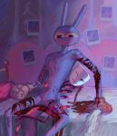 ^w^ absurd_res allthingstadcilove animate_inanimate anthro bed blood blood_writing bodily_fluids duo english_text female furniture gangle_(tadc) glitch_productions gore hi_res inside jax_(tadc) lagomorph leporid male male/female mammal on_bed purple_body rabbit ribbons scar self-harm self-harm_scars text the_amazing_digital_circus