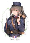  1girl absurdres bayonet belt_buckle blush breasts brown_hair buckle france french_flag green_eyes gun high_ponytail highres kepi large_breasts load_bearing_equipment looking_at_viewer military military_uniform musket original plant ponytail pouch simple_background smile soldier solo susano_o uniform upper_body vines weapon white_background world_war_i 