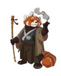 2016 ailurid anthro asian_clothing claws clothing east_asian_clothing eyes_closed footwear fur hair hi_res holding_object holding_pipe holding_staff male mammal melee_weapon ponytail red_panda sandals shoes simple_background smile solo staff standing sword tail ugo_chiola weapon white_background
