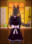 ambiguous_gender anthro backlighting bat bellus_vespertilio border bow_ribbon cabinet clothing demon frilly frilly_clothing fur grey_body grey_fur hair herbs hi_res hidden_face inside kitchen latex latex_clothing light lighting lightswitch long_hair looking_away maid_uniform mammal orange_border plate reflection shaded signature skyslicer824 smile soap solo spoted_markings spots standing sunset uniform window wings