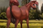  2019 animal_genitalia animal_pussy anus big_teats butt detailed_background dock equid equine equine_pussy female feral grass hi_res horse looking_at_viewer mammal mercurial64 outside pussy rainstorm raised_tail smile solo teats tree 