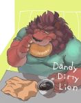 2017 anthro burger clothing eating felid food humanoid_hands ikaring lion male mammal overweight overweight_male pantherine shirt sitting solo text topwear 