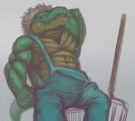  2016 anthro clothed clothing crocodile crocodilian crocodylid green_body hand_behind_head hat headgear headwear humanoid_hands ikaring looking_at_viewer male muscular muscular_male overalls pitchfork reptile scalie simple_background sitting snout solo straw_hat teeth tools 