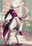 alcohol anthro beverage bow_tie butler clothing featureless_crotch generation_1_pokemon hi_res legendary_pokemon male mewtwo nastya_tan nintendo pokemon pokemon_(species) solo suit topwear vest