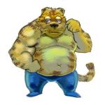  2016 anthro belly black_nose bottomwear clothing felid fur ikaring low_res male mammal navel overweight overweight_male pantherine pants simple_background solo tiger white_background yellow_body yellow_fur 