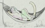 16:10 anthro blue_eyes bottomwear brown_stripes closed_smile clothed clothing felid fur grass green_stripes hammock hands_behind_head hufnaar looking_at_viewer male male_anthro mammal markings mouth_closed outside pantherine partially_colored pink_stripes plant slim_anthro slim_male smile solo striped_arms striped_body striped_fur striped_legs striped_markings striped_tail stripes tail tail_markings tiger topless tree underwear whiskers widescreen yellow_stripes