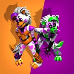 2026 3_toes 3d_(artwork) 4_fingers absurd_res animatronic anthro arm_warmers armwear belt bent_over black_arms black_sclera bottomwear bow_tie canid canine canis checkered checkered_arm_warmers checkered_armwear checkered_clothing checkered_leg_warmers claws clothing collar crop_top digital_media_(artwork) duo ear_piercing ear_ring feet female fingers five_nights_at_freddy's five_nights_at_freddy's:_security_breach five_nights_at_freddy's_world floral_print full-length_portrait glistening glistening_body glowing glowing_eyes green_body green_bottomwear green_clothing green_shirt green_shorts green_topwear hair hand_on_hip heart_(marking) hi_res hook hook_hand hotpants lips lolbit_(fnaf) long_hair looking_at_viewer machine mammal markings midriff orange_body orange_clothing orange_shirt orange_topwear pattern_arm_warmers pattern_armwear pattern_clothing piercing portrait purple_bow_tie purple_claws purple_eyelids purple_lips ring_piercing robot robot_anthro scottgames shadow sharp_teeth shirt shorts shoulder_pads source_filmmaker_(artwork) steel_wool_studios striped_arm_warmers striped_armwear striped_clothing stripes studded_belt studded_collar studs tail tangle_(fnaf) teeth toes topwear watermark white_body white_eyes white_hair wolf zelyonka