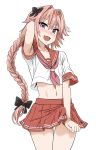  1boy absurdres arm_up armpit_peek asanagi astolfo_(fate) blush crossdressing erection erection_under_clothes fang fate/apocrypha fate/grand_order fate_(series) hair_ribbon highres long_hair looking_at_viewer male_focus miniskirt open_mouth otoko_no_ko red_skirt ribbon school_uniform short_sleeves simple_background skirt smile solo 