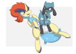  2019 anthro black_body black_fur blue_body blue_fur blush cute_fangs diaper duo feral fur hand_on_diaper hi_res hooves horn keldeo legendary_pok&eacute;mon looking_at_another looking_back lying nintendo nyanyakotarou on_back open_mouth paws pok&eacute;mon pok&eacute;mon_(species) riolu sitting video_games 