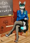  2019 anthro black_nose canid canine canis chalkboard classroom claws clothed clothing digital_media_(artwork) domination ear_piercing female female_domination fur furniture grey_body grey_fur hair hi_res legwear lingerie looking_at_viewer loopus mammal pawpads paws piercing ruler school solo teacher teeth text uniform wolf 