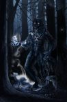  2016 anthro black_body black_fur black_nose canid canine canis detailed_background digital_media_(artwork) feral forest fur grass hi_res mammal marten mustelid musteline night nude outside tree wolf wolfroad 