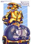 absurd_res alien angry armor big_breasts big_butt blue_eyes blush blush_lines bottomwear breasts bubble_butt butt clothed clothing digital_media_(artwork) dotted_background female gold_(metal) gold_armor grey_body halo_(series) headgear helmet hi_res huge_butt lights looking_at_viewer mammal microsoft pants pattern_background sangheili simple_background solo spanish_text speech_bubble sulky326 techsuit text thick_thighs torn_bottomwear torn_clothing torn_pants translated wide_hips xbox_game_studios