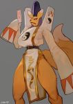  2019 anthro bebebebebe breasts canid canine clothed clothing digimon digimon_(species) female fur grey_background hi_res looking_at_viewer mammal simple_background solo taomon yellow_body yellow_fur yin_yang 