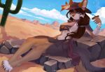 2026 5_fingers akulaenaya anthro big_breasts black_claws blue_eyes bracelet breasts brown_hair cactus canid canine cheek_tuft cigar claws clothing colored cowboy_hat cowgirl_outfit day desert digital_drawing_(artwork) digital_media_(artwork) facial_tuft female fingers fur hair hat headgear headwear hi_res holding_cigar holding_object inner_ear_fluff jewelry long_hair looking_at_viewer mammal multicolored_body multicolored_fur navel nipple_outline on_rock outside paws plant rock shaded sitting sitting_on_rock sky small_waist snout soft_abs solo tail tuft