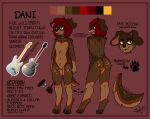 anthro bone_collar_tag border breasts brown_body brown_fur butt canid canine canis claws collar collar_tag color_swatch dani_(vampuppy) digital_drawing_(artwork) digital_media_(artwork) disembodied_head disembodied_tail domestic_dog ears_down electric_guitar english_text eye_bags eyewear facial_piercing fangs feet female floppy_ears fur glasses green_day guitar hair heart_tattoo hi_res leg_tattoo licking looking_at_viewer mammal model_sheet musical_instrument nickelodeon nose_piercing nose_ring nude pawpads paws piercing pivoted_ears plucked_string_instrument red_border red_hair ring_piercing side_view signature simple_background small_breasts smile solo spongebob_squarepants spongebob_squarepants_(character) spots standing string_instrument tail tattoo teeth text toe_claws tongue trans_(lore) trans_woman_(lore) tuft vampire vampuppy yellow_eyes