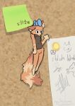 anthro arrow_pointing_to_face black_clothing black_topwear black_vest bulletin_board canid canine clothing collar cork_board crow_(mollietown) directional_arrow english_description english_text fluffy fluffy_tail fox fur gesture hi_res looking_at_viewer male mammal markings micro mollietown post-it_note push_pin red_collar ring_(marking) ringed_tail solo striped_markings striped_tail stripes tail tail_markings tan_body tan_fur text topwear vest waving wearing_collar