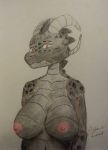  2019 anthro areola big_breasts biped black_body black_scales breasts colored_pencil_(artwork) dragon female grey_body grey_scales half-length_portrait hi_res horn looking_at_viewer navel nipples nude orange_eyes pink_nipples portrait reptile sad scales scalie sejantlamb signature simple_background solo spines spots striga_(spikedmauler) traditional_media_(artwork) 