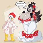 1:1 anthro avian avian_caruncle big_breasts bird black_hair blush bouncing_breasts breasts brown_body chicken comb_(anatomy) duo female flower galliform hair head_crest hi_res huge_breasts la_pavita_pechugona la_pechugona markings mole_(marking) mole_on_breast natycriaarts_(artist) pavita_pechugona phasianid plant short_hair spanish_text text turkey white_body