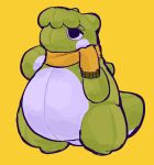 2025 ambiguous_gender animate_inanimate anthro back_spikes belly big_eyes big_pupils charlie_(serafphim) cheek_spots circle_eyebrows countershade_torso countershading eyebrows frown full-length_portrait green_body half-closed_eyes hand_on_chin hi_res living_plushie male_(lore) narrowed_eyes nintendo overweight overweight_ambiguous overweight_anthro plushie pokemon portrait pseudo_hair pupils scarf seam_(sewing) serafphim shaded short_ears simple_background soft_shading solo spikes spikes_(anatomy) standing substitute_doll tail thick_tail thick_thighs thinking three-quarter_view tired_eyes white_belly wide_hips yellow_background yellow_scarf