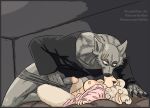  2019 5_fingers beastars black_nose bottomless bovid breasts canid canine canis caprine clothed clothing comic digital_media_(artwork) domestic_sheep female fingers fur hi_res humanoid_penis imminent_sex kissing legosi_(beastars) lying male male/female mammal manga merino_sheep on_back open_shirt pants_down partially_clothed penis sebun_(beastars) sheep shirt size_difference spread_legs spreading topwear undressing vylfgor wolf 