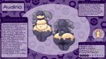16:9 ambiguous_gender anthro audino big_butt biped blossonflower butt english_description english_text fan_character front_view generation_5_pokemon huge_butt model_sheet multicolored_body multiple_angles narrowed_eyes navel nintendo overweight pokemon pokemon_(species) purple_eyes rear_view shortstack smile smug solo text two_tone_body widescreen
