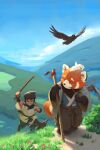 2016 ailurid anthro avian beak belt bird black_hair cloud corvid corvus_(genus) crow day detailed_background eyes_closed feral grass group hair hi_res holding_object holding_pipe holding_stick human male male_human mammal oscine outside passerine plant red_panda smile stick ugo_chiola