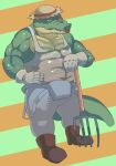  2016 anthro clothing crocodile crocodilian crocodylid gloves green_body handwear hat headgear headwear hi_res humanoid_hands ikaring male overalls reptile scalie solo straw_hat tongue tongue_out 