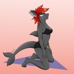  1:1 2019 5_fingers anthro barefoot biped black_clothing black_underwear blue_eyes blush breasts clothed clothing colored_nails digital_media_(artwork) eyelashes female fingers fish grey_body grey_skin hair hi_res long_tail marine nails non-mammal_breasts panties pink_background pinup pose purple_background red_hair shark shiny_anise short_hair simple_background solo teeth underwear 
