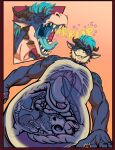 amber_eyes anthro belly black_claws black_horn black_spikes blue_body blue_mane bone bones_in_stomach burping chin_spikes claws comic digestion dragon drembonaarkrah drewotter duo ear_piercing facial_spikes fatal fatal_vore forced greko_the_cat hi_res horn internal jaw_spikes lying mammal mane mustelid mythological_creature mythological_scalie mythology on_front oral_vore organs otter piercing predator/prey scales scalie size_difference skull spikes spikes_(anatomy) stomach tan_chest tan_scale teeth unwilling_prey ventral_scales vore