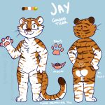  1:1 2019 3_toes 4_fingers anthro blue_background brown_body brown_fur butt chest_tuft coffinpaws color_swatch dipstick_tail english_text fangs felid fingers fur gesture green_eyes hands_on_hips jay_(jayshyguy) looking_at_viewer mammal model_sheet multicolored_tail pantherine pawpads pink_pawpads simple_background smile solo standing text thick_thighs tiger toes tongue tuft watermark waving white_body white_fur 