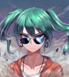  1girl alternate_costume blue_eyes chunk-san dust earrings frown green_hair hatsune_miku highres hoop_earrings jacket jewelry looking_at_viewer looking_over_eyewear portrait red_jacket serious shirt solo suna_no_wakusei_(vocaloid) sunglasses tsurime twintails vocaloid white_shirt wind zipper 