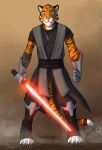 2016 anthro blue_eyes clothed clothing dated facial_markings felid front_view full-length_portrait fur glistening glistening_eyes head_markings head_tuft hi_res holding_lightsaber holding_object hufnaar hufnaar_(character) lightsaber looking_at_viewer male male_anthro mammal markings melee_weapon mouth_closed pantherine portrait red_lightsaber robe signature solo standing star_wars striped_arms striped_body striped_face striped_fur striped_markings striped_tail stripes tail tail_markings tiger tuft weapon