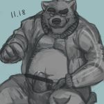  2016 anthro belly blue_background bulge clothing humanoid_hands humanoid_penis ikaring male mammal moobs nipples overweight overweight_male penis simple_background solo underwear ursid 