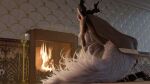 16:9 2024 2_horns 3d_(artwork) absurd_res anthro antlers beast_(bloodborne) black_legs bloodborne breasts canid canine digital_media_(artwork) female fire fireplace fluffy fluffy_tail fromsoftware fur hi_res horn inside kneeling mammal mrs_dexie mythological_canine mythological_creature mythology pawpads paws pink_pawpads realistic_fur rear_view solo sony_corporation sony_interactive_entertainment tail vicar_amelia werecanid werecanine werecreature werewolf white_body white_fur widescreen
