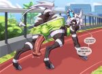 2026 all_fours animal_genitalia animal_penis anthro anus athletic athletic_anthro athletic_male athletic_wear balls_outline big_butt big_penis biped bodily_fluids bottomwear bottomwear_down bulge butt clothed clothed_anthro clothed_male clothing colored detailed_bulge dialogue digital_media_(artwork) ear_piercing ear_ring emanata english_text equine_anus equine_genitalia equine_penis erection eyes_closed flared_penis fur generation_5_pokemon genital_outline genitals gym_bottomwear gym_shorts hair hi_res hooves huge_penis male male_anthro markings nintendo onomatopoeia outside partially_clothed partially_clothed_anthro partially_clothed_male penis penis_poking_out penis_through_leghole piercing playful pokemon pokemon_(species) presenting presenting_anus profanity puffy_anus right_side_down ring_piercing running_track shaded shorts shorts_down solo sound_effects speech_bubble sport sportswear striped_body striped_fur striped_markings stripes sweat sweaty_butt talking_to_viewer teasing teasing_viewer text tongue tongue_out unguligrade urethra white_hair zebstrika