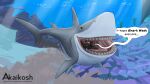 2024 akaikosh ambiguous_gender anthro anthro_prey aquatic discovery_channel duo english_text feet_first feral feral_pred fish great_white_shark green_eyes grey_body grey_fin grey_tail in_mouth mackerel_shark mouth_shot open_mouth oral_vore shark shark_tail shark_teeth shark_week species_request speech_bubble tail text underwater url uvula vore water watermark white_shark